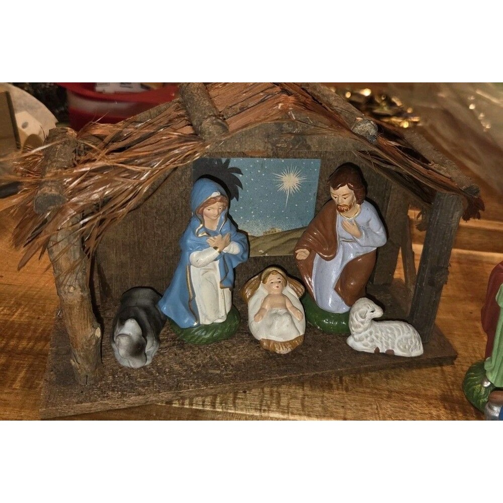 Vtg 1950s Japan Chalkware Nativity Set Solid Plaster Figures Wooden Stable